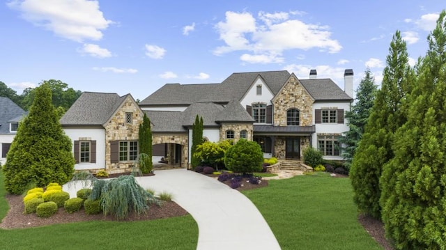 10150 Cedar Ridge Dr, Milton, GA 30004 - french country inspired facade with stone siding, a front lawn, a chimney, and driveway