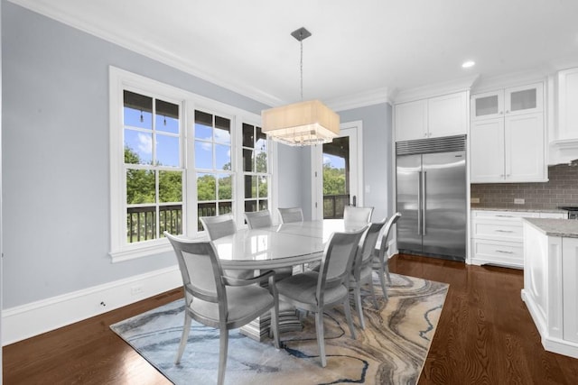 10150 Cedar Ridge Dr, Milton, GA 30004 - dining area featuring a chandelier, ornamental molding, dark wood-type flooring, and recessed lighting