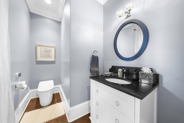 10150 Cedar Ridge Dr, Milton, GA 30004 - bathroom with vanity, wood finished floors, and crown molding