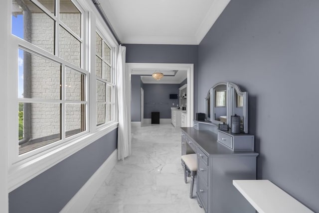 10150 Cedar Ridge Dr, Milton, GA 30004 - hall featuring crown molding and light marble finish floors