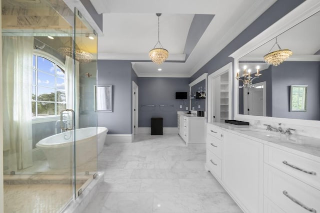 10150 Cedar Ridge Dr, Milton, GA 30004 - bathroom featuring a chandelier, vanity, plenty of natural light, marble finish floors, and crown molding