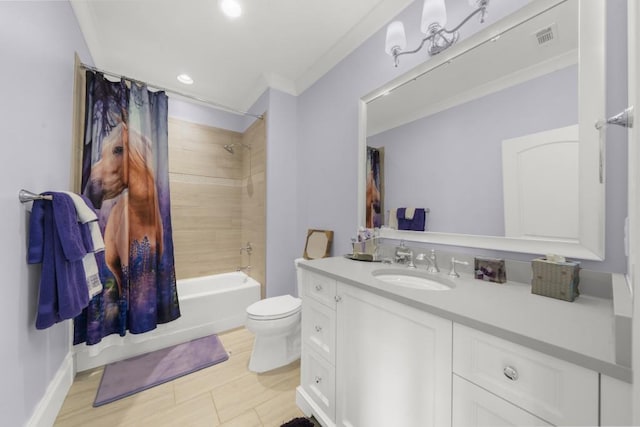 10150 Cedar Ridge Dr, Milton, GA 30004 - bathroom featuring vanity, shower / tub combo with curtain, recessed lighting, and ornamental molding
