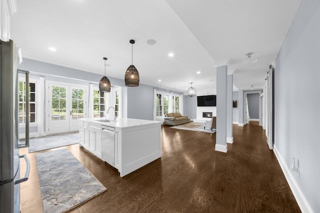 10150 Cedar Ridge Dr, Milton, GA 30004 - kitchen featuring stainless steel appliances, white cabinetry, dark wood finished floors, recessed lighting, and light countertops