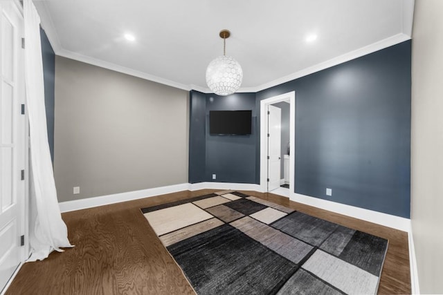 10150 Cedar Ridge Dr, Milton, GA 30004 - empty room with wood finished floors, ornamental molding, a chandelier, and recessed lighting