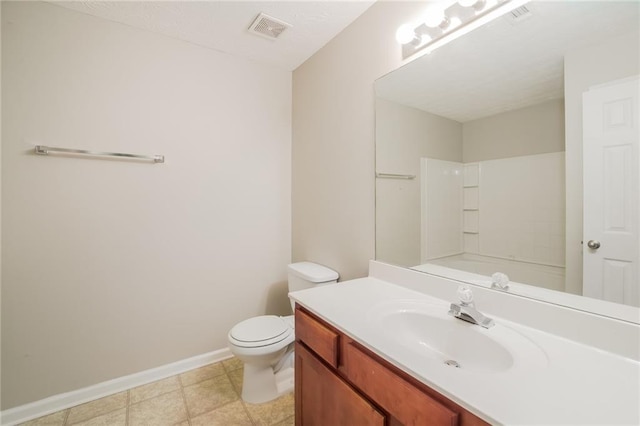 bathroom featuring toilet, visible vents, baseboards, and vanity