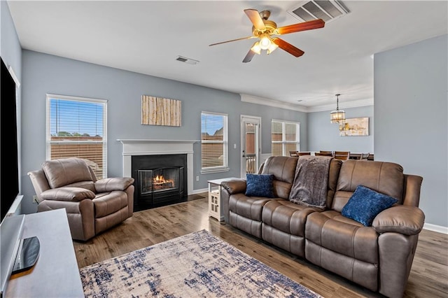 living area featuring a fireplace with flush hearth, ceiling fan, a chandelier, wood finished floors, and crown molding