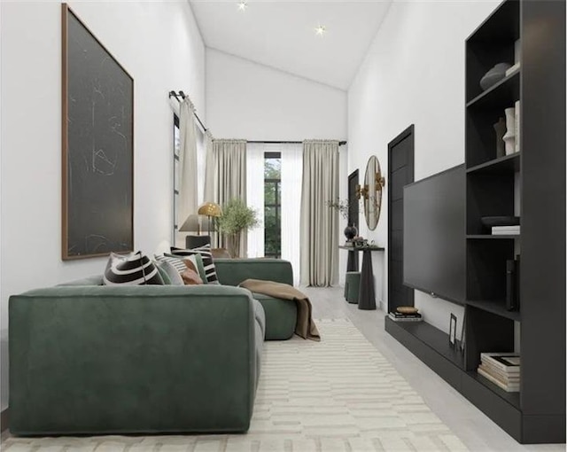 living room with high vaulted ceiling