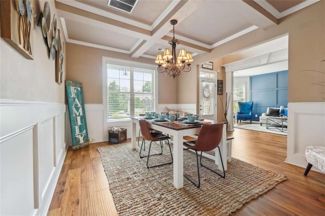 1249 Austin Thomas Dr, Dacula, GA 30019 - dining area with visible vents, wood finished floors, beamed ceiling, a notable chandelier, and coffered ceiling