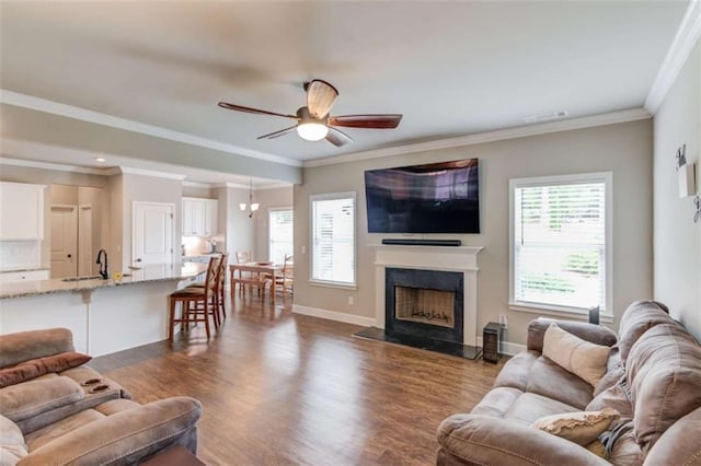 living room featuring sink, dark wood-type flooring, ornamental molding, and ceiling fan