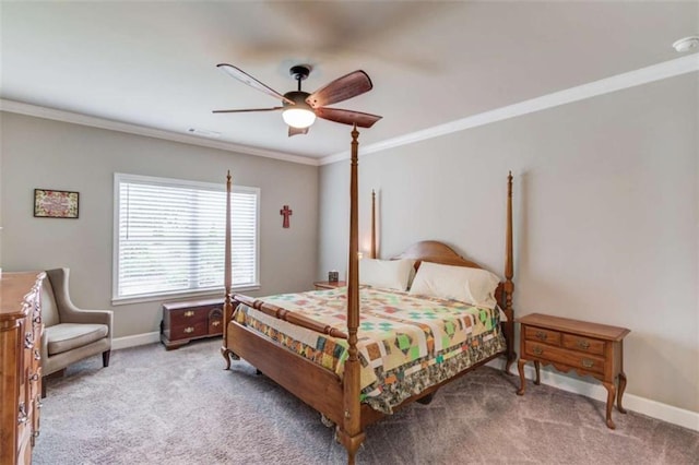 bedroom with crown molding, ceiling fan, and light carpet