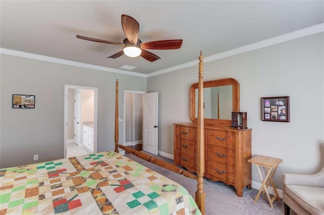 bedroom featuring ornamental molding, light colored carpet, ensuite bathroom, and ceiling fan