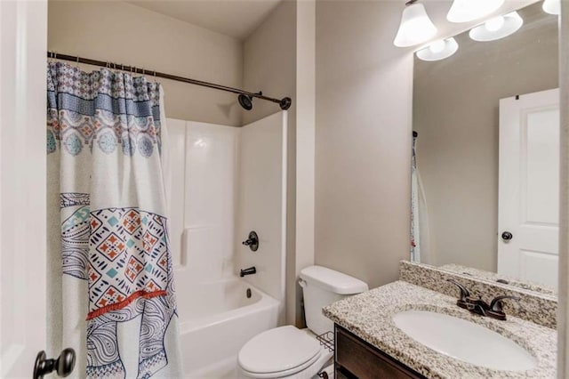 full bathroom with shower / tub combo, vanity, and toilet