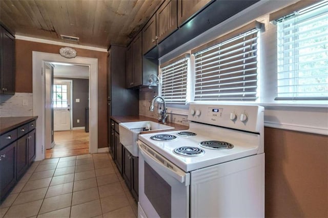 245 Alcovy St, Monroe, GA 30655 - kitchen with wood ceiling, decorative backsplash, sink, white electric stove, and light tile patterned flooring