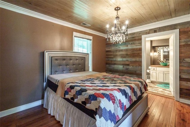245 Alcovy St, Monroe, GA 30655 - bedroom with wood-type flooring, wood ceiling, ensuite bath, wooden walls, and a chandelier