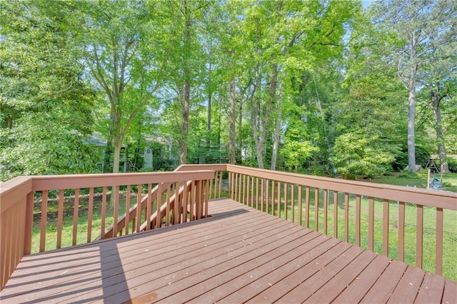 4331 E Kings Point Cir, Dunwoody, GA 30338 - wooden terrace with view of wooded area and a lawn