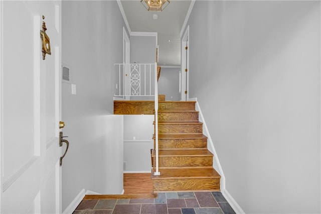 4331 E Kings Point Cir, Dunwoody, GA 30338 - stairs with baseboards, ornamental molding, and stone finish floors