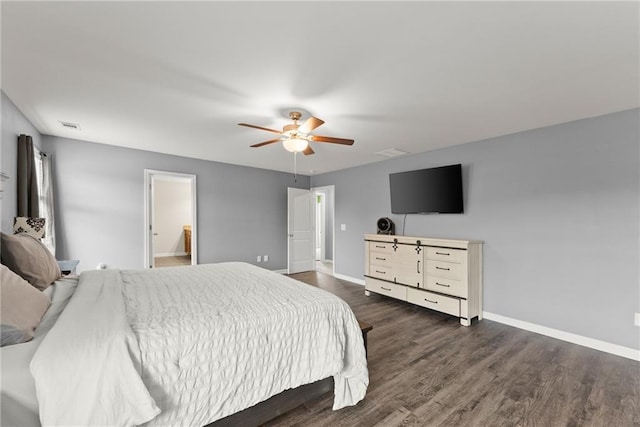 bedroom with baseboards, visible vents, ceiling fan, and dark wood-type flooring