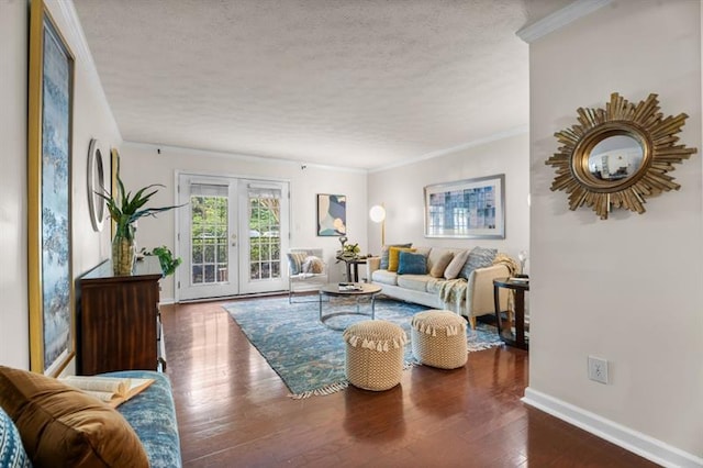 3701 Essex Ave Unit 2, Atlanta, GA 30339 - living area featuring a textured ceiling, baseboards, french doors, wood finished floors, and ornamental molding