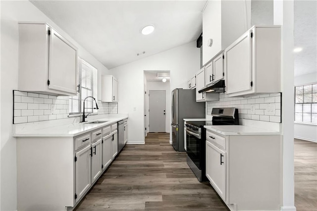 kitchen featuring stainless steel appliances, sink, vaulted ceiling, white cabinets, and dark hardwood / wood-style flooring