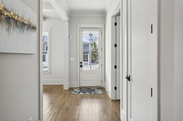 doorway featuring light hardwood / wood-style floors and crown molding