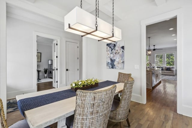 dining area with ceiling fan and dark wood-type flooring