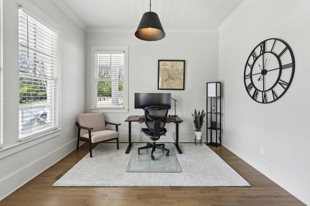 home office featuring ornamental molding and dark wood-type flooring