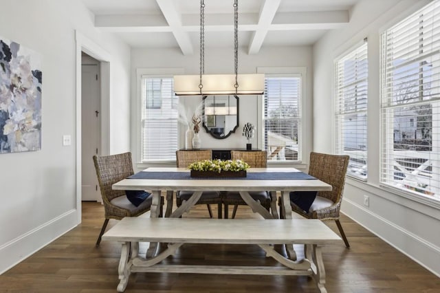 dining room featuring beamed ceiling, a notable chandelier, dark hardwood / wood-style floors, and coffered ceiling