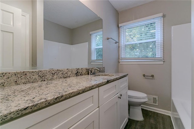 bathroom with hardwood / wood-style floors, vanity, and toilet