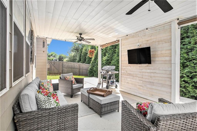 1329 Old Glory Ct, Hoschton, GA 30548 - view of patio with ceiling fan, outdoor lounge area, and grilling area