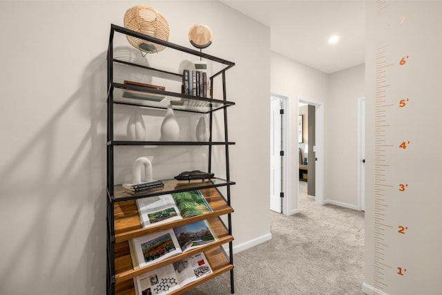 hallway with light colored carpet