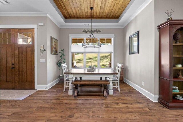 dining room with wooden ceiling, a chandelier, plenty of natural light, and dark hardwood / wood-style floors