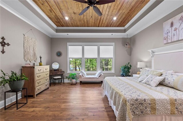 bedroom featuring dark wood-type flooring, wood ceiling, a tray ceiling, and ceiling fan