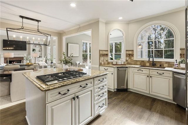 kitchen with dark wood-style flooring, appliances with stainless steel finishes, open floor plan, a sink, and a lit fireplace