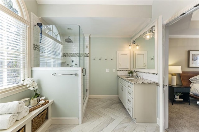 ensuite bathroom featuring a shower stall, backsplash, connected bathroom, and crown molding