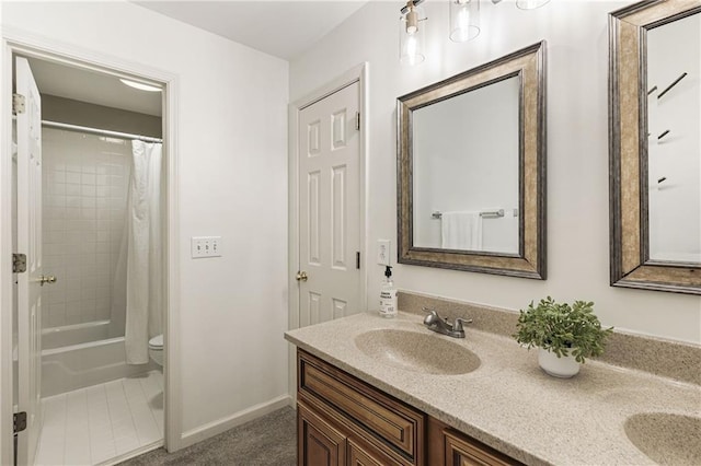 full bath with toilet, a sink, baseboards, double vanity, and shower / bath combination with curtain