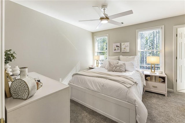 bedroom featuring carpet flooring, ceiling fan, and baseboards