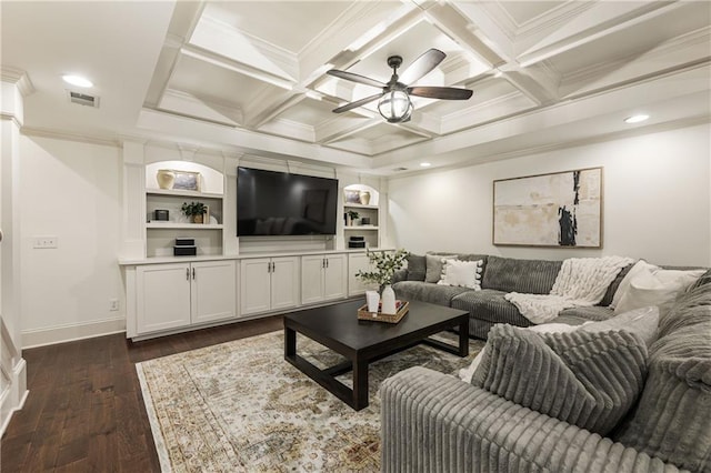 living area with dark wood-style floors, coffered ceiling, crown molding, and visible vents