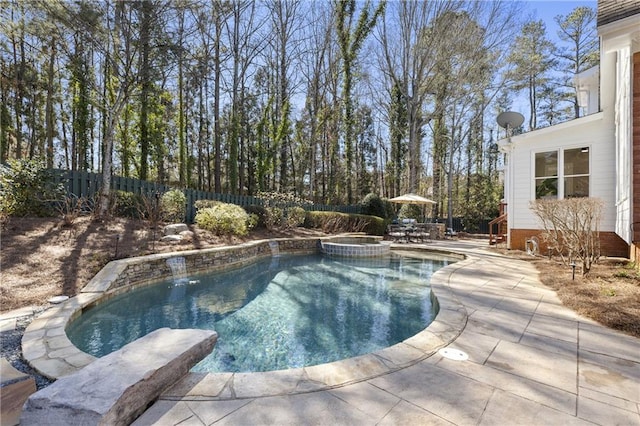 view of pool featuring a patio, fence, and a fenced in pool