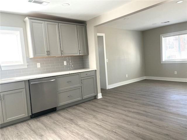 kitchen featuring gray cabinets, dishwasher, and backsplash