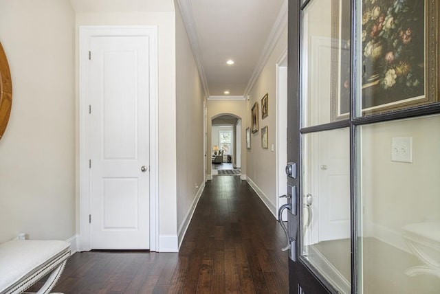 11375 Crestview Ter, Johns Creek, GA 30024 - corridor with ornamental molding, dark wood finished floors, arched walkways, baseboards, and recessed lighting