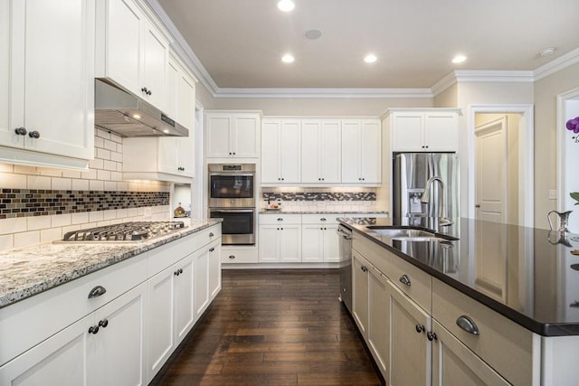 11375 Crestview Ter, Johns Creek, GA 30024 - kitchen featuring under cabinet range hood, a sink, crown molding, appliances with stainless steel finishes, and white cabinetry