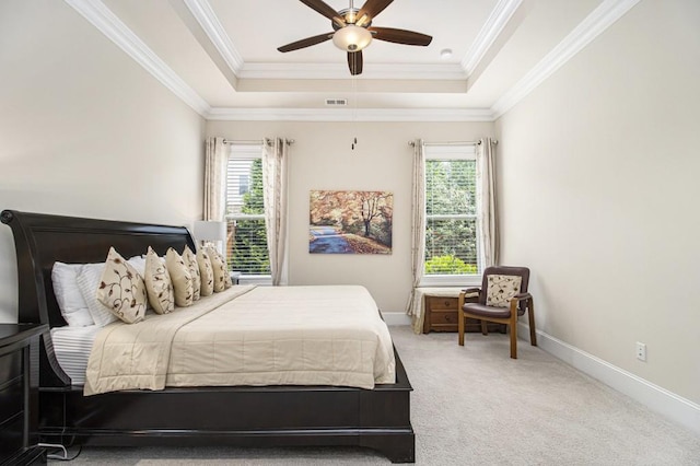 11375 Crestview Ter, Johns Creek, GA 30024 - bedroom featuring a tray ceiling, crown molding, carpet flooring, baseboards, and a ceiling fan