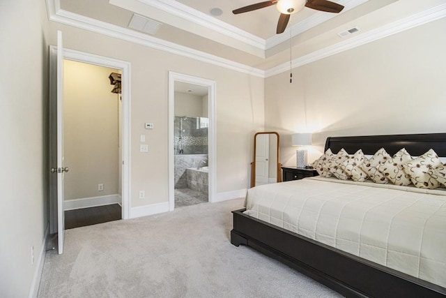11375 Crestview Ter, Johns Creek, GA 30024 - carpeted bedroom with crown molding, ensuite bathroom, baseboards, a tray ceiling, and a ceiling fan