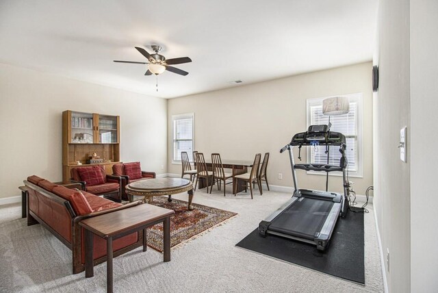 11375 Crestview Ter, Johns Creek, GA 30024 - exercise area with carpet flooring, ceiling fan, and baseboards