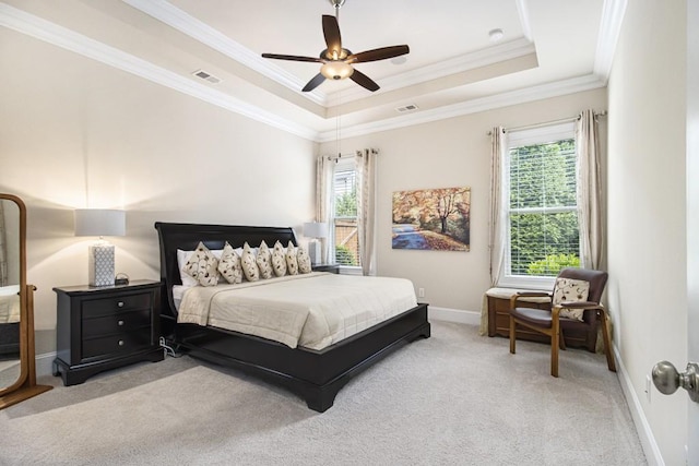 11375 Crestview Ter, Johns Creek, GA 30024 - bedroom featuring light carpet, multiple windows, crown molding, a raised ceiling, and baseboards