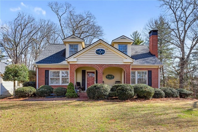 view of front of property with a shingled roof, a front yard, a chimney, and brick siding