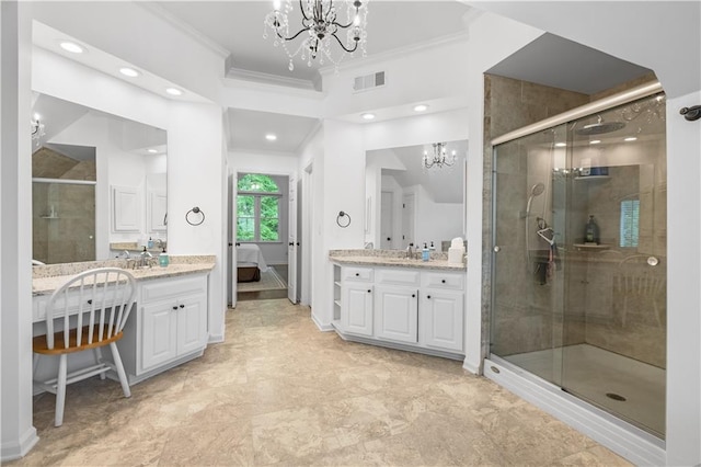 1045 River Pt, Suwanee, GA 30024 - bathroom featuring a chandelier, crown molding, ensuite bath, vanity, and a shower stall