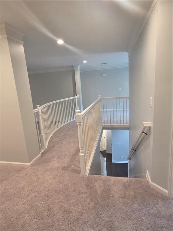 1045 River Pt, Suwanee, GA 30024 - stairs featuring carpet floors, ornamental molding, and recessed lighting