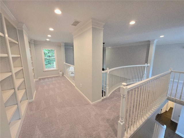 1045 River Pt, Suwanee, GA 30024 - hallway featuring an upstairs landing, crown molding, recessed lighting, and carpet floors