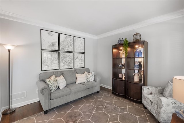 1045 River Pt, Suwanee, GA 30024 - living room with ornamental molding and dark wood-type flooring